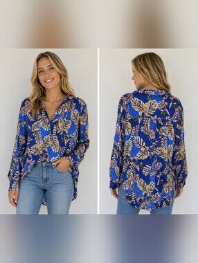 Free People Blue Tropical Floral Hi-Low Button Front Blouse Top Size Medium